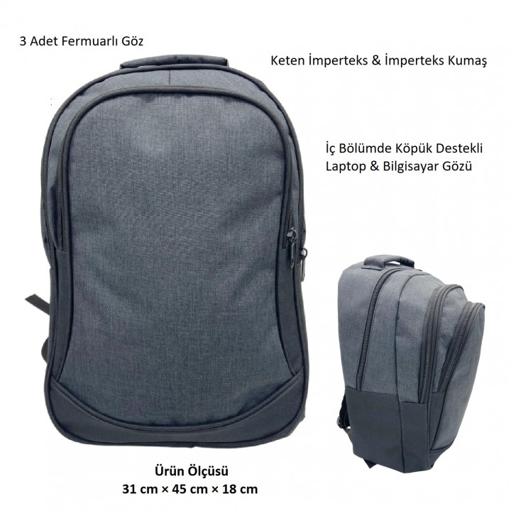 Promosyon Keten Laptop Bölmeli 3 Fermuarlı Sırt Çantası
